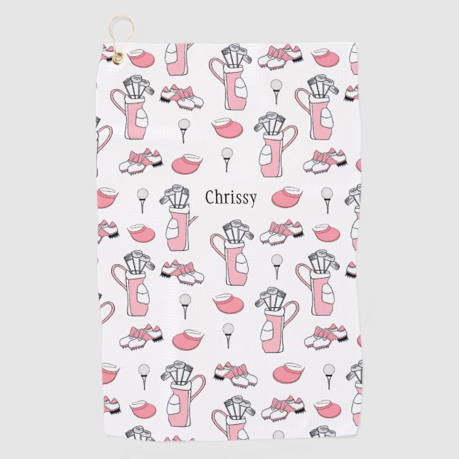 Toalla De Golf Damas personalizadas de golf rosa y blanco (Anverso)