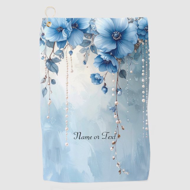 Toalla de golf de flores azules y perlas (Anverso)
