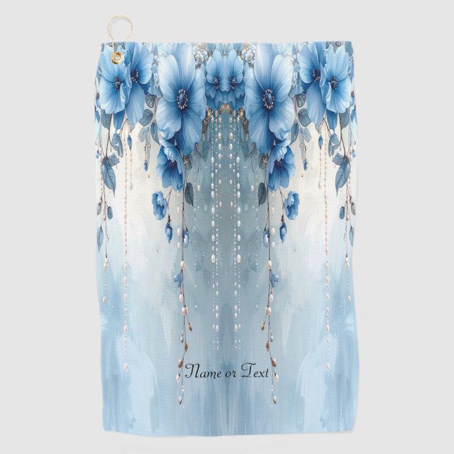 Toalla de golf de flores azules y perlas (Anverso)