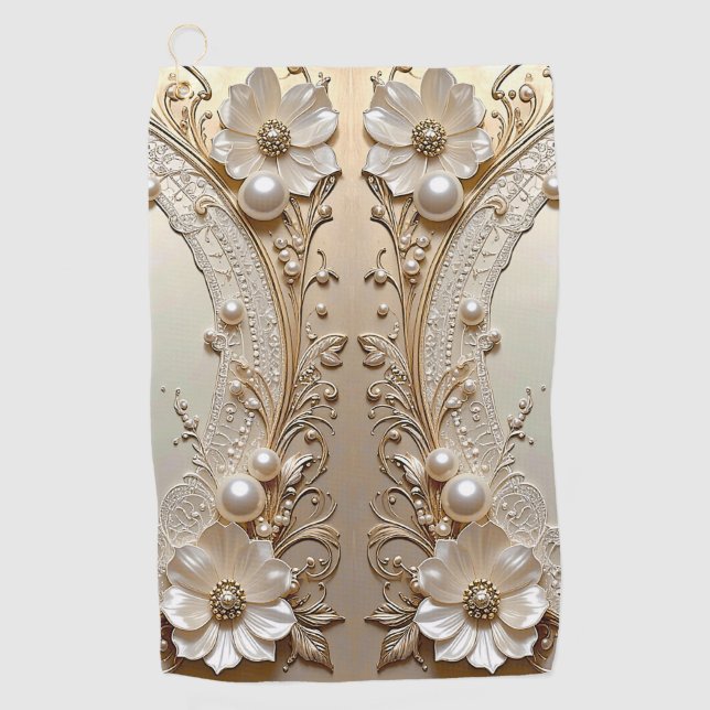 Toalla de golf de flores blancas modernas perlas (Anverso)
