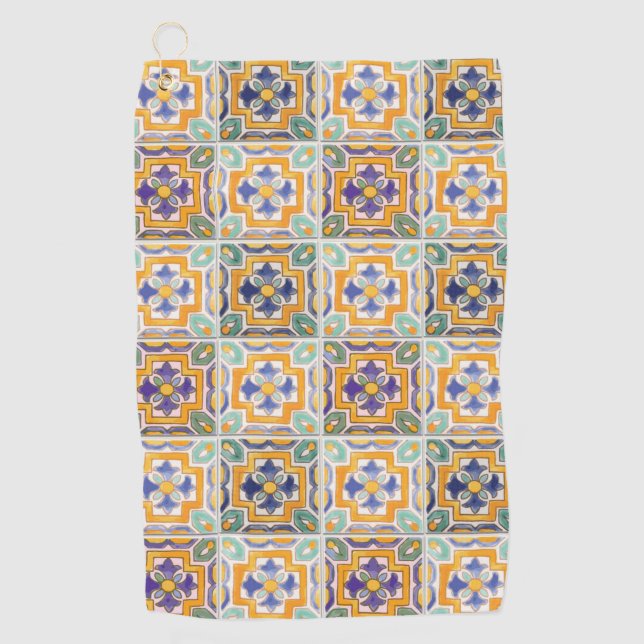 Toalla de golf de mosaico azul-verde-naranja (Anverso)