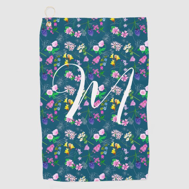 Toalla De Golf Delicadas flores silvestres en azul oscuro. Person (Anverso)