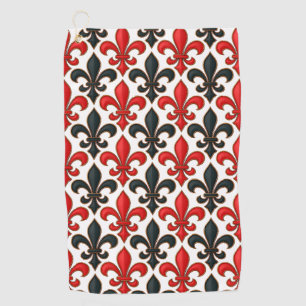 Toalla De Golf Diseño del patrón rojo negro barroco Fleur-de-lis