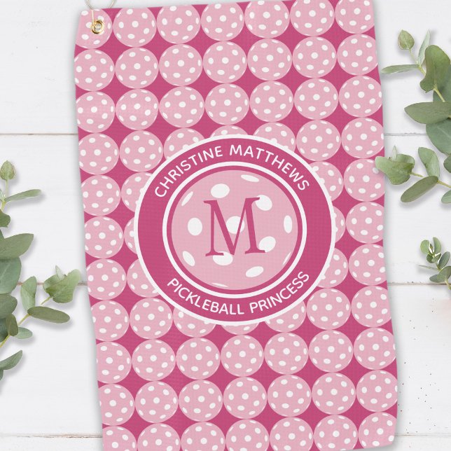 Toalla De Golf Divertida Princesa de Pickleball Rosa Femenina Div (Cute Pickleball Sports Pro Princess Custom Name & Initial Pink White Girly Funny Court Towel For Her)