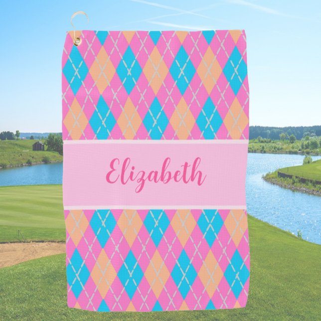 Toalla De Golf Divertido Bright rosa preppy argyle nombre de cost (Subido por el creador)