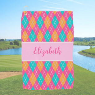 Toalla De Golf Divertido Bright rosa preppy argyle nombre de cost
