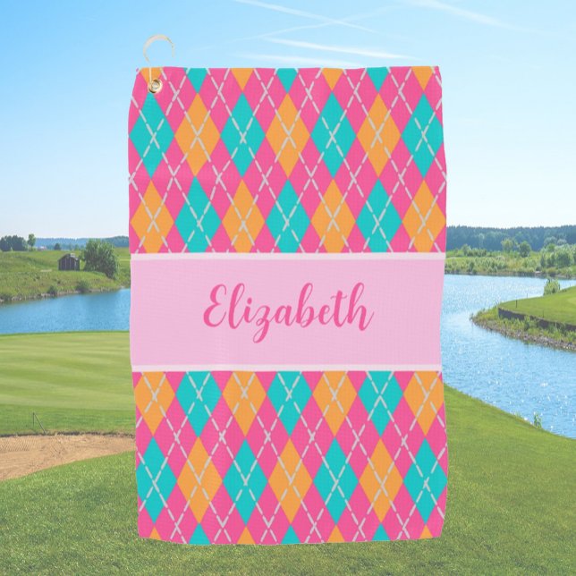 Toalla De Golf Divertido Bright rosa preppy argyle nombre de cost (Subido por el creador)