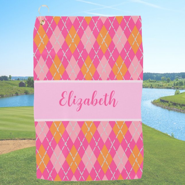 Toalla De Golf Divertido Bright rosa preppy argyle nombre de cost (Subido por el creador)