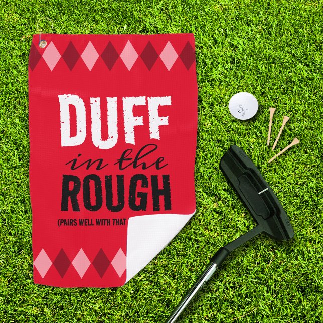 Toalla De Golf Divertido trinquete rojo argyle en la tos (duff in the rough red argyle golf towel with putter, ball, and 3 tees on the golf green)