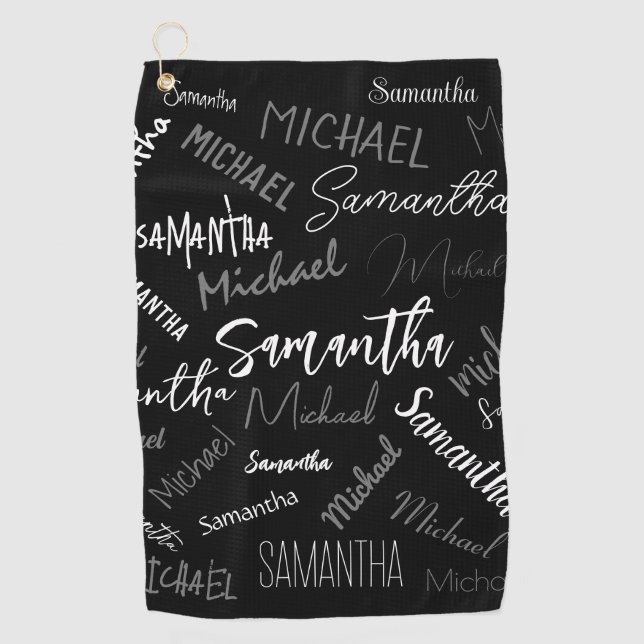 Toalla De Golf Dos nombres pareja patrón monograma blanco negro (Anverso)