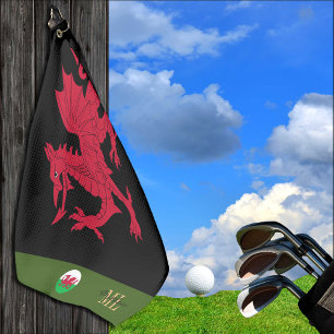 Toalla De Golf Dragón rojo, bandera galesa y Gales, monogramado