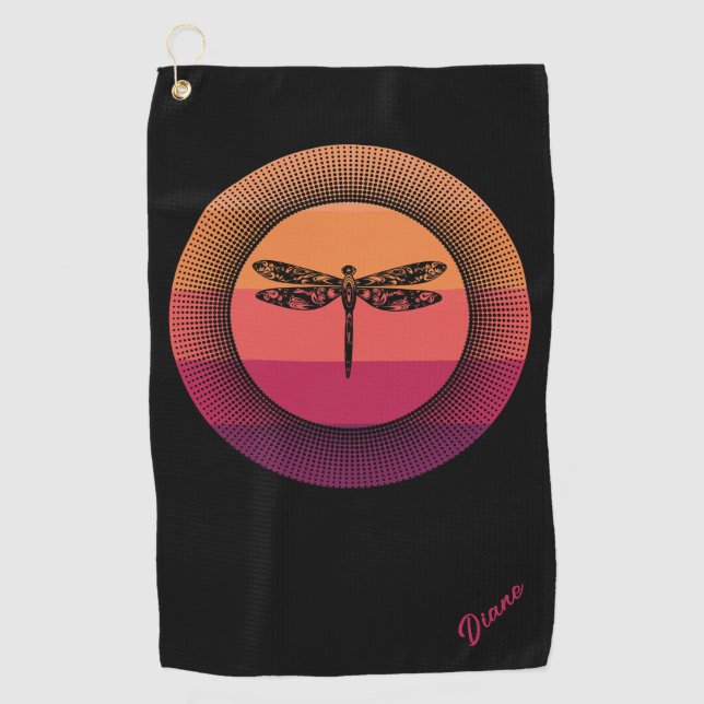 Toalla De Golf Dragonfly en Retro Sunset con nombre (Anverso)