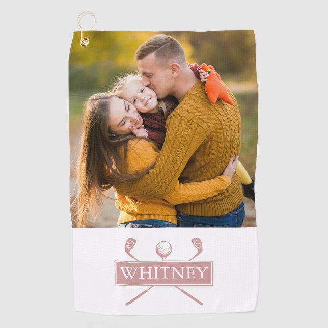 Toalla De Golf Dusty Rosa Clubes De Golf Y Foto De Nombre Persona (Anverso)