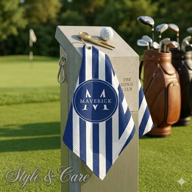 Toalla De Golf Elegant Custom Name and Initials Navy White Stripe (Elegant Custom Name and Initials Navy White Stripe Golf Towel)