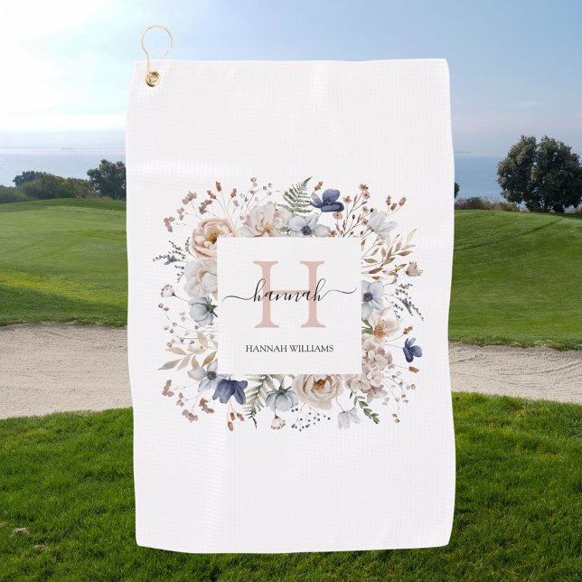 Toalla De Golf Elegant Monogram Pretty Beige Blue Flowers Floral  (In situ)