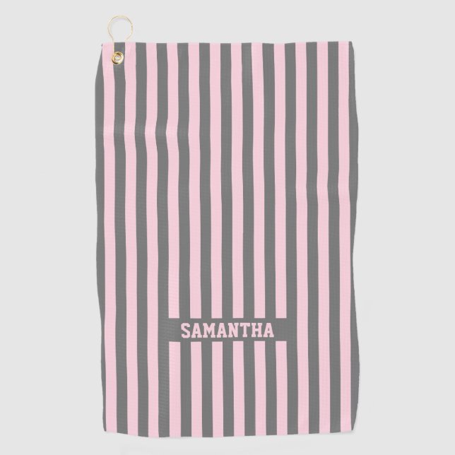 Toalla De Golf Elegant Pink and Gray stripes Monogrammed custom (Anverso)