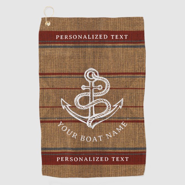 Toalla De Golf Elegante Ancla Burlap Nautical Boat Name Personali (Anverso)
