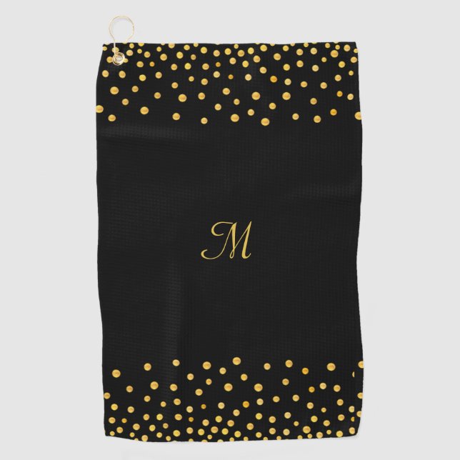 Toalla De Golf Elegante Confetti de oro en monogramado negro (Anverso)