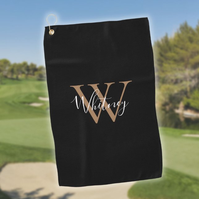 Toalla De Golf Elegante guión de monograma negro oro blanco (Elegant Monogram Script Black Gold White Golf Towel)