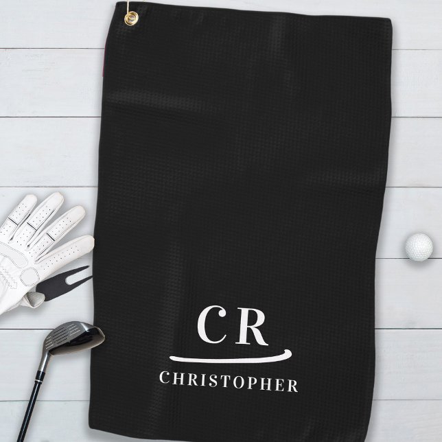 Toalla De Golf Elegante Moderno Monograma Iniciales Nombre Blanco (Elegant Modern Monogram Initials Name Black White Golf Towel)