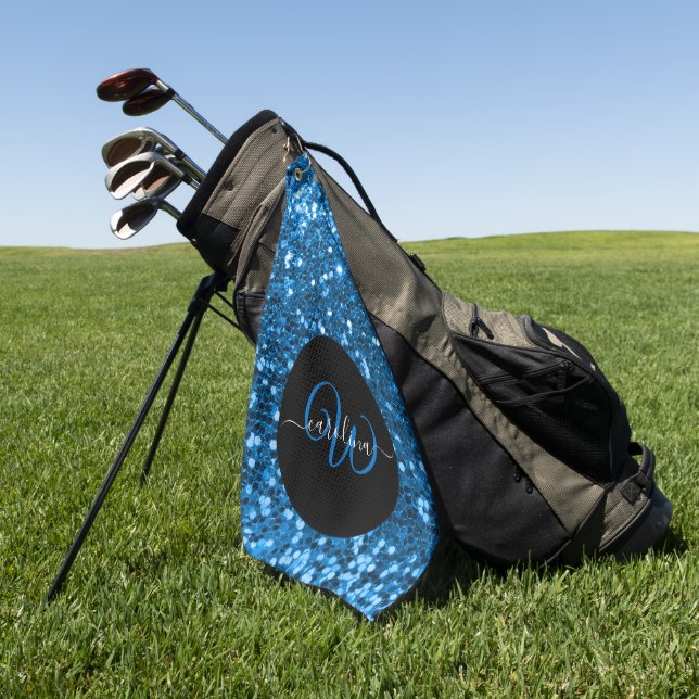 Toalla De Golf Elegante monograma azul purpurina nombre negro (Verde)