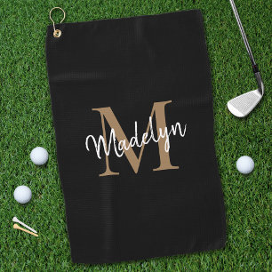 Toalla De Golf Elegante Monograma Black Gold Girly Script Nombre