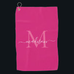 Toalla De Golf Elegante Monograma Magenta Guión Giratorio Blanco<br><div class="desc">Magenta Caliente Monograma Blanco Rosa Elegante Guión Giral Nombre Toalla de Golf</div>