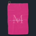 Toalla De Golf Elegante Monograma Magenta Guión Giratorio Blanco<br><div class="desc">Magenta Caliente Monograma Blanco Rosa Elegante Guión Giral Nombre Toalla de Golf</div>