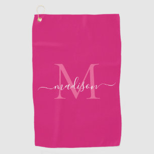 Toalla De Golf Elegante Monograma Magenta Guión Giratorio Blanco