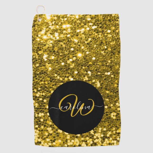 Toalla De Golf Elegante monograma oro nombre purpurina negro (Anverso)