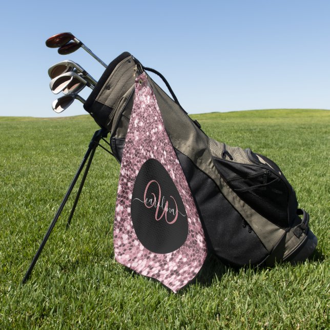 Toalla De Golf Elegante monograma rosa oro purpurina nombre negro (Verde)