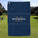 Toalla De Golf Elegante Navy Blue Silver Monograma Nombre persona<br><div class="desc">Personalizar el texto y crea fácilmente tu toalla de golf personalizada. Haga clic en EDITAR DISEÑO para cambiar el color del texto o del fondo. Puede TRANSFERIR este DISEÑO a otros productos de Zazzle y ajustarlo para que se ajuste a la mayoría de los artículos de Zazzle. Los diseños de...</div>