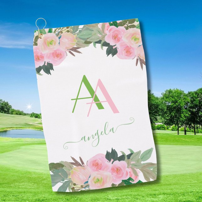 Toalla De Golf Elegante Personalizado de flores rosadas monograma (Subido por el creador)