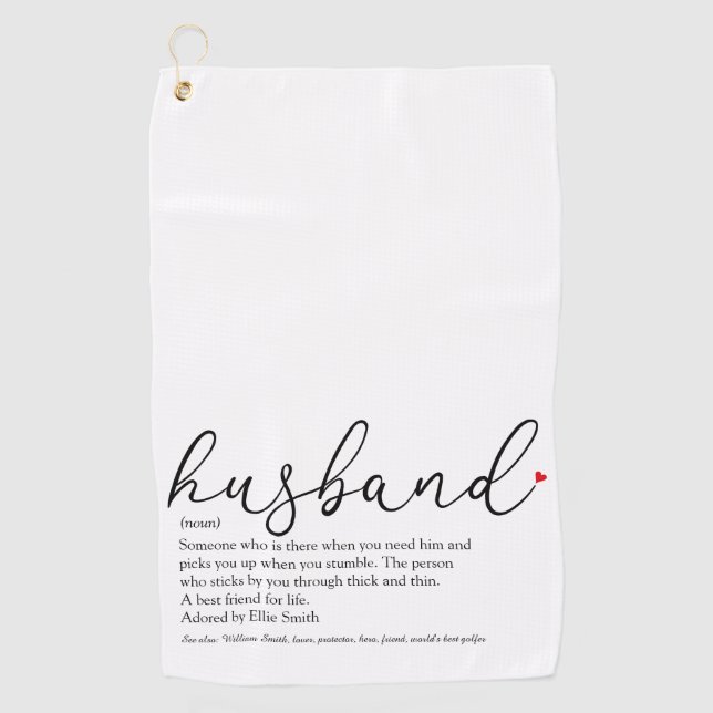 Toalla De Golf Elegante Script Red Love Heart Husband Definición  (Anverso)