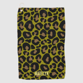 Toalla De Golf Elegante verde oliva y leopardo negro con monogram