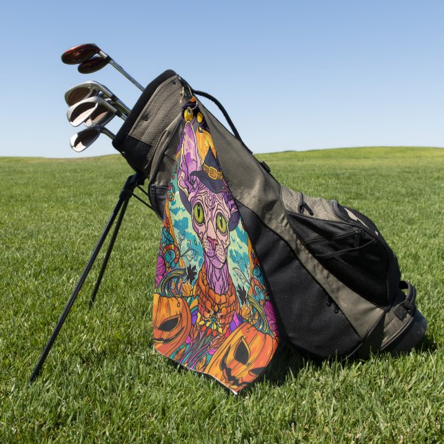 Toalla De Golf Espeluznante Bruja Y Calabaza De Halloween De Gato (Verde)