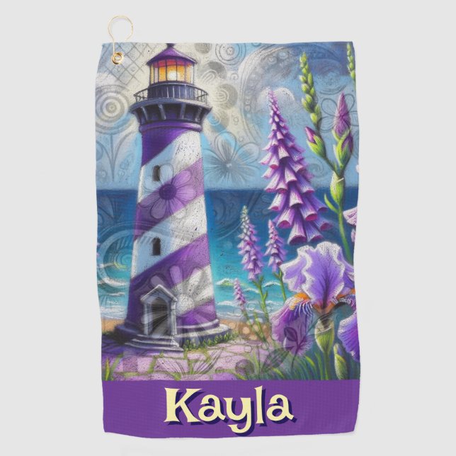 Toalla De Golf Faro morado con Foxglove e Iris personalizado (Anverso)