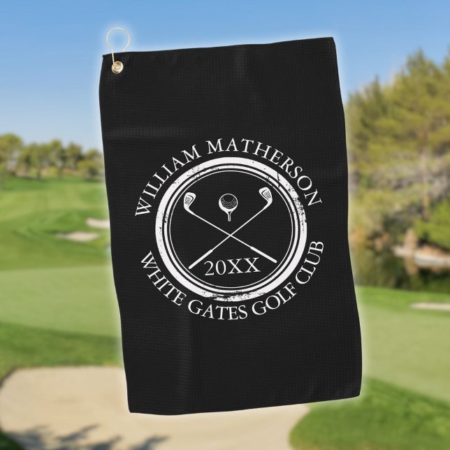 Toalla De Golf Fecha de nombre de club y golfista blanco y negro (Black and White Golfer's And Club Name Date Golf Towel)