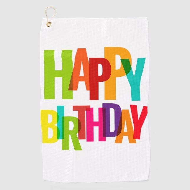 Toalla De Golf Feliz cumpleaños (A vibrant birthday golf towel with bold colorful letters spelling "Happy Birthday".)