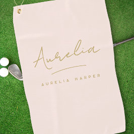 Toalla De Golf Firma de monograma de escritura dorada rosada mode