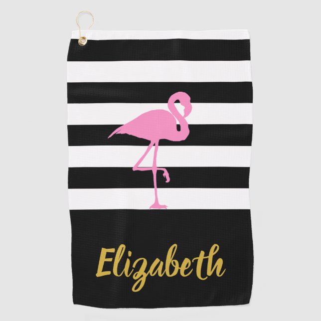 Toalla De Golf Flamingo rosa con texto Personalizado y franjas (Anverso)