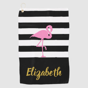 Toalla De Golf Flamingo rosa con texto Personalizado y rayas