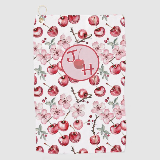 Toalla De Golf Flor y monograma de cerezo personalizados (Anverso)