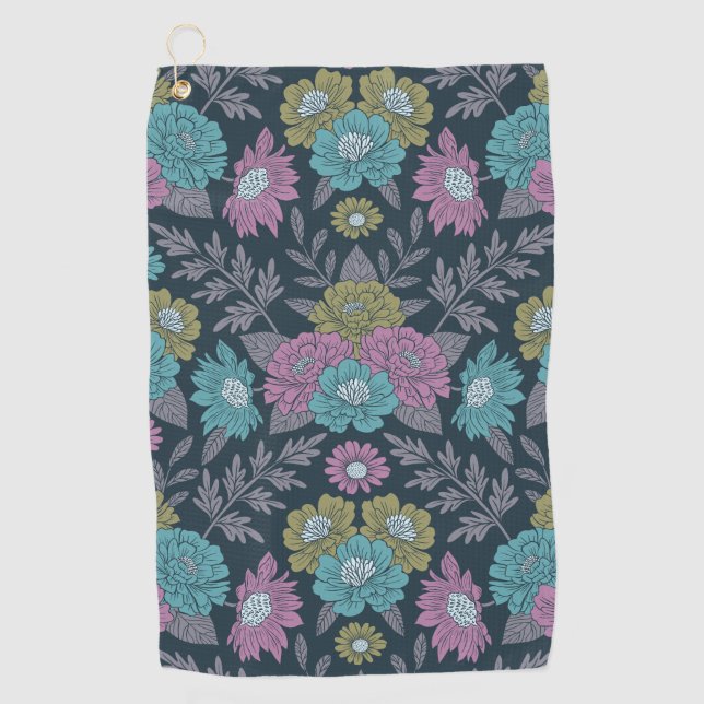 Toalla De Golf Floral azul oscuro, verde y púrpura (Anverso)