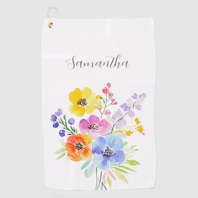 Toalla De Golf Floral azul rosa vibrante personalizada (Anverso)