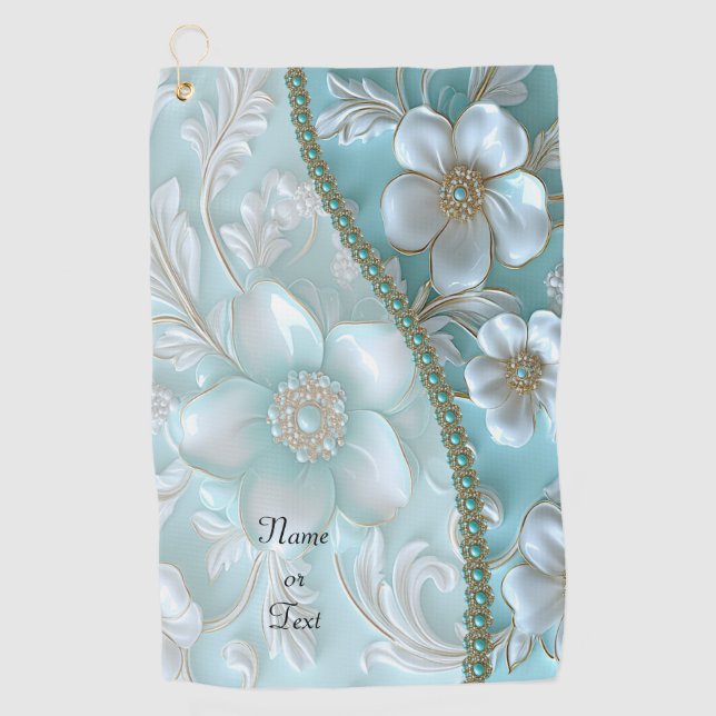 Toalla de golf floral blanca verde azulada (Anverso)