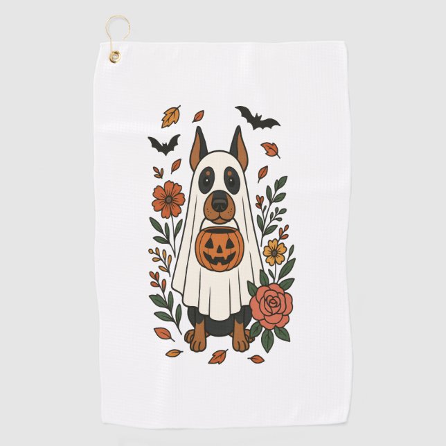 Toalla De Golf Flores de Doberman Pinscher de Halloween (Anverso)