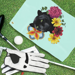 Toalla De Golf Flores de retrato jaguar negro