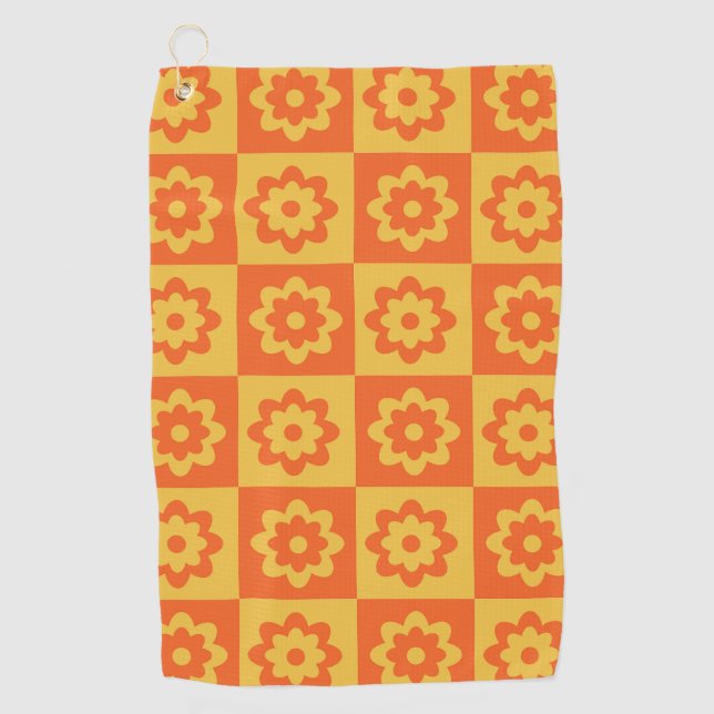 Toalla De Golf Flores hippie retro en Naranja amarillo de tablero (Anverso)
