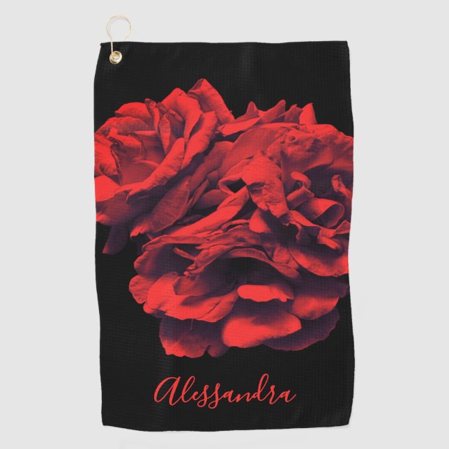 Toalla De Golf Flores personalizadas rosas rojas negras botánicas (Anverso)